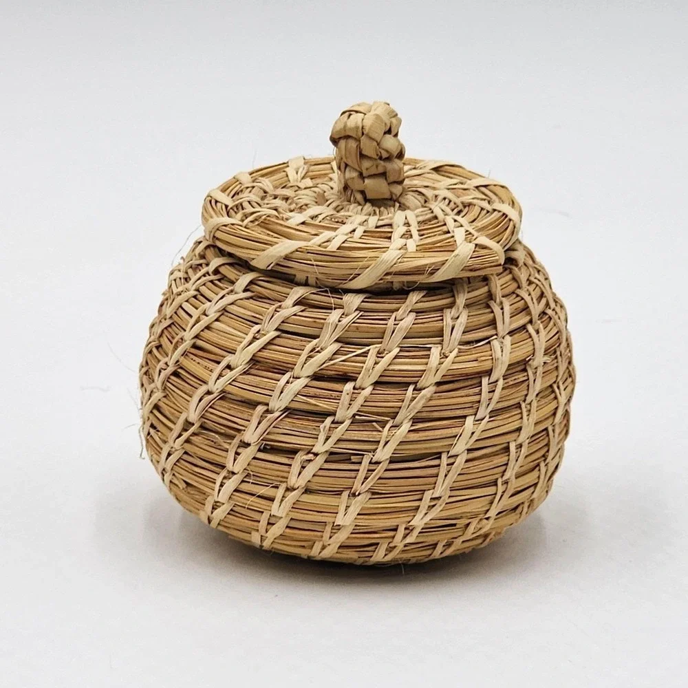 Vintage Tohono O'odham Papago Indian Handwoven Lidded Basket Signed Artisan